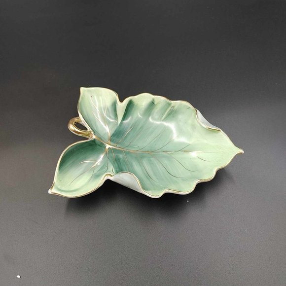 Vintage Norcrest Leaf Trinket Dish Candy Handpainted Green Leaf Gold Trim - Picture 4 of 11